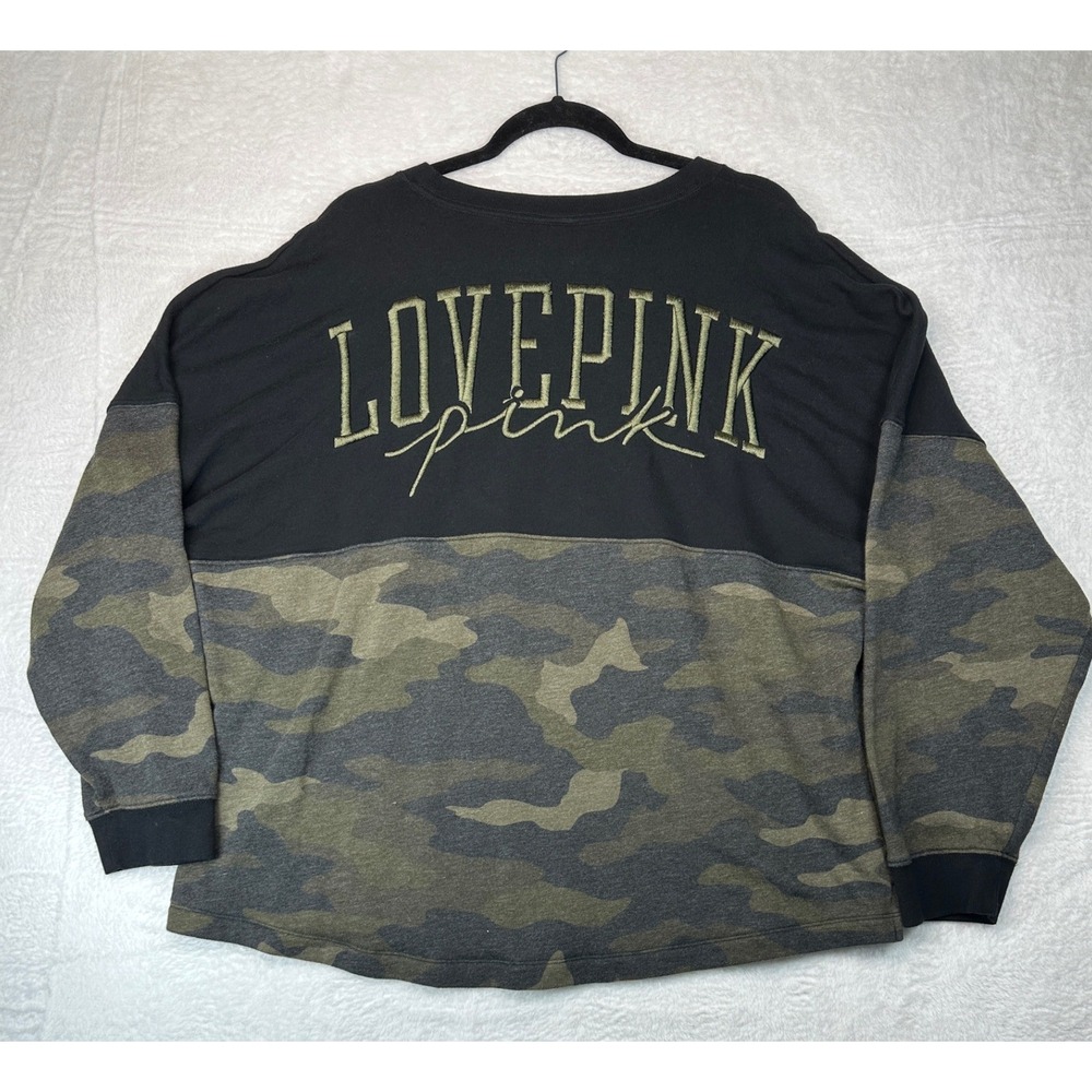 PINK Victoria's Secret Sweatshirt Women XL Black Camo Love Pink Colorblock